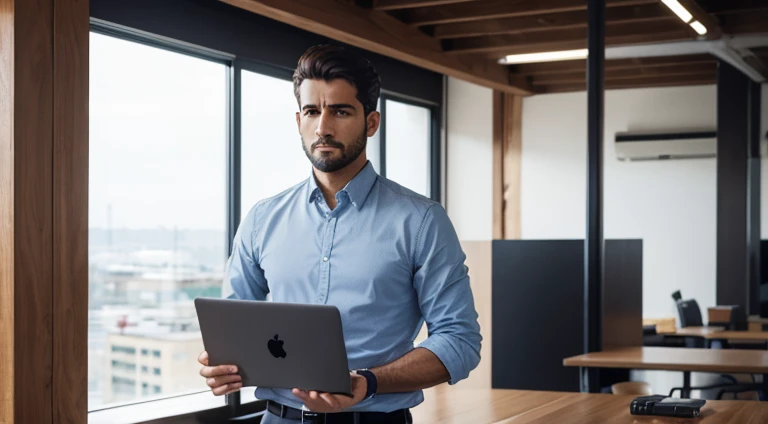 Man standing holding laptop, olhando para tela, analista de sistema