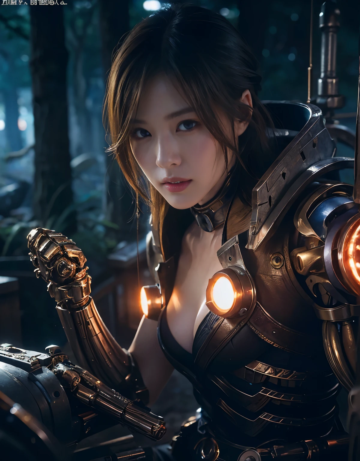 ((battle with monsters))、highest quality、masterpiece、Super high resolution、(Photoreal:1.4)、RAW photo、1 girl、golden hair、glowing skin、(((1 Mechanical Girl)))、with a beautiful knife、(Blue Metal Bodysuit)、(beautiful forest background)、(battle with monsters)、(Small LED)、((Super realistic details))、vertical giant monster background),global illumination、Shadow、octane rendering、8K、super sharp、big breasts、The bare skin of the cleavage is exposed、Metal、intricate decorative details、Japan details、very intricate details、realistic light、CG Society Trends、red eyes、Eyes shining towards the camera、neon details、(Mechanical edge blood vessels connected to tubes)、mechanical vertebrae attached to the back、cervical vertebrae mechanically attached to the neck、(Wires and cables connecting to the head)、gundam、Small LED、,mechanical thighs、two stock、(Hands are also made of machines)、(Attack of the monsters)、(injured in a deadly fight)、
