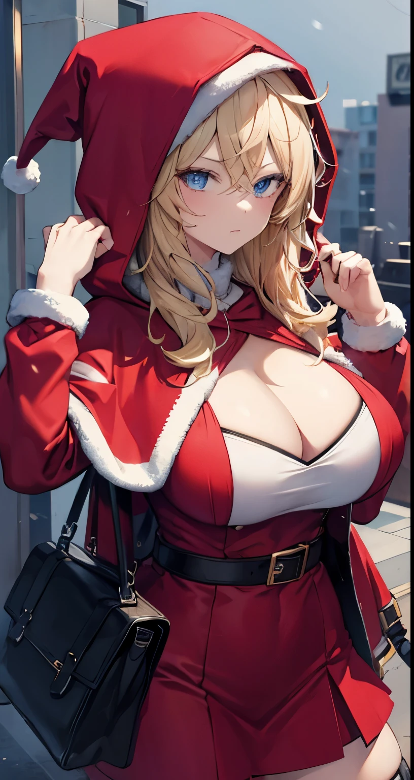 grimm, blue eyes, red hood, hood up, red capelet, thigh strap, huge breasts, muscular female, santa dress, christmas