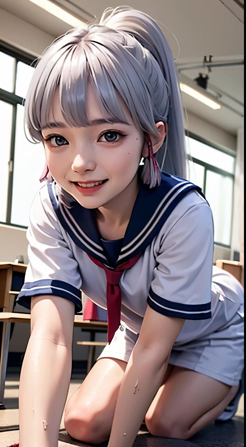 A high resolution, quality, 超quality, the ultra-detailed, lighting like a movie、1girll，small tit、School Classroom、(kneels on the ground)、embarrassed from、White hair，Medium length gray hair，high ponytails，There are two strands of white hair on both sides of the ears，Wear pink hair accessories，skyblue eyes，Elaborate Eyes，happy laughing，Wear sweaty、Covered in sweat、Wear a sailor suit、cute female child、Limited to 18 people