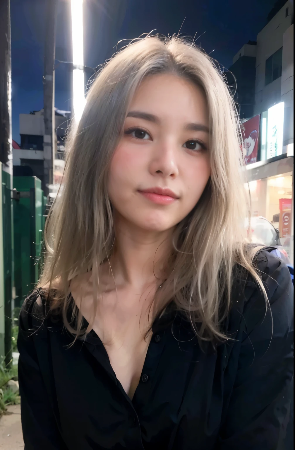 (8k, RAW photo, best quality, mastery:1.3), (realistic, photo-realistic:1.37), (looking viewer:1.331), (white hair), posing, Tokyo street, nightcityscape, cyberpunk city, soft light, 1girl, extremely beautiful face , Perfect body proportions, (small face: 1.1), bust, casual hairstyle, smile, big eyes, (Office uniform), mix4, detailed eyes
