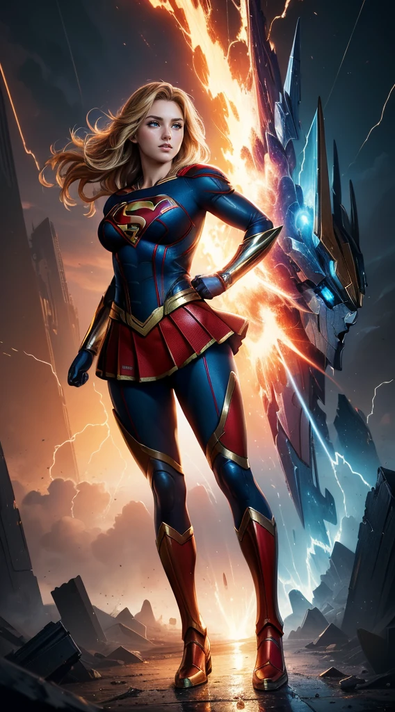 (Best Quality, masterpiece, ultra-detailer, 32K resolution, extremely detailed), Digital Painting, Abstract expressionist painting "Hyperion", character concept art portrait, Supergirl, full body, gigantic breasts, catastrophe,