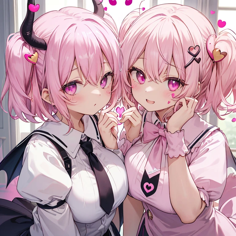 Details、ultra-detailliert、masterpiece、top-quality、Beautiful fece、A detailed eye、 (Two girls:1.4)、Two succubi、(twinsies:1.2)、(natta:1.2)、short-haired、(Pink ribbon:1.1)、(Two-side-up)、Pink tie、pink bra、耳Nipple Ring、(student clothes.1.1)、Shady face、Light pink hair、(Pink Room)、malicious smile、Bruises and ugly facial features、Young features、(Lori:1.2)、long-sleeve、(puffy sleeves fluffy hair、(Open your mouth and laugh)、Elementary school girls、Short stature、Chiquita、Colossal tits、Lori巨乳、(Put your hand on your face)、Buriko、Ruffled uniforms、hair clips、(Ridicule:1.1)、looking-down、Looking from below、Being looked down upon by girls、(Looking from below:1.2)、ultra gigantic tits、(Pink heart symbol:1.5)、(Mass of heart:1.5)、(Heart Effect:1.5)、(heart mark:1.5)、demon tail、Devil's Tail、Succubus、(ultra gigantic tits:1.3)、Lori巨乳、(Tattoo of the heart:1.3)、Yodare、Devil's Tail、Boob Matching