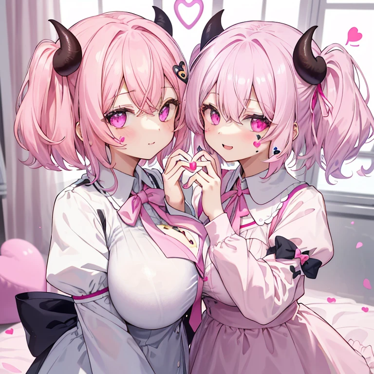 Details、ultra-detailliert、​masterpiece、top-quality、Beautiful fece、A detailed eye、 (Two girls:1.4)、Two succubi、(twinsies:1.2)、(natta:1.2)、short-haired、(Pink ribbon:1.1)、(Two-side-up)、Pink tie、pink  bra、耳Nipple Ring、(student clothes.1.1)、Shady face、Light pink hair、(Pink Room)、malicious smile、Bruises and ugly facial features、Young features、(Lori:1.2)、long-sleeve、(puffy sleeves fluffy hair、(Open your mouth and laugh)、Elementary school girls、Short stature、Chiquita、Colossal tits、Lori巨乳、(Put your hand on your face)、Buriko、Ruffled uniforms、hair clips、(Ridicule:1.1)、looking-down、Looking from below、Being looked down upon by girls、(Looking from below:1.2)、ultra gigantic tits、(Pink heart symbol:1.5)、(Mass of heart:1.5)、(Heart Effect:1.5)、(heart mark:1.5)、demon tail、Devil's Tail、Succubus、(ultra gigantic tits:1.3)、Lori巨乳、(Tattoo of the heart:1.3)、Yodare、Devil's Tail、Boob Matching