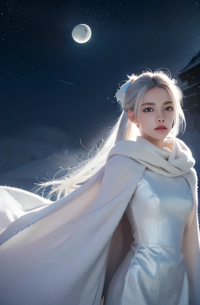 tmasterpiece, (Best quality: 1.2), (Super fine: 1.2), illuminationtremely Delicately Beautiful: 1.2), film angle, floating, (美丽细致的眼睛: 1.1), (Detailed light: 1.1), Cinematic lighting lighting, Exquisite sky, sweetheart, White hair, eBlue eyes, (high ponytails: 1.1), Cloak, glowing light eyes, (themoon: 1.2), (themoonlight: 1.1), starrysky, (Light particles: 1.1), foggy part , Snow painting, sketching, full bloom
