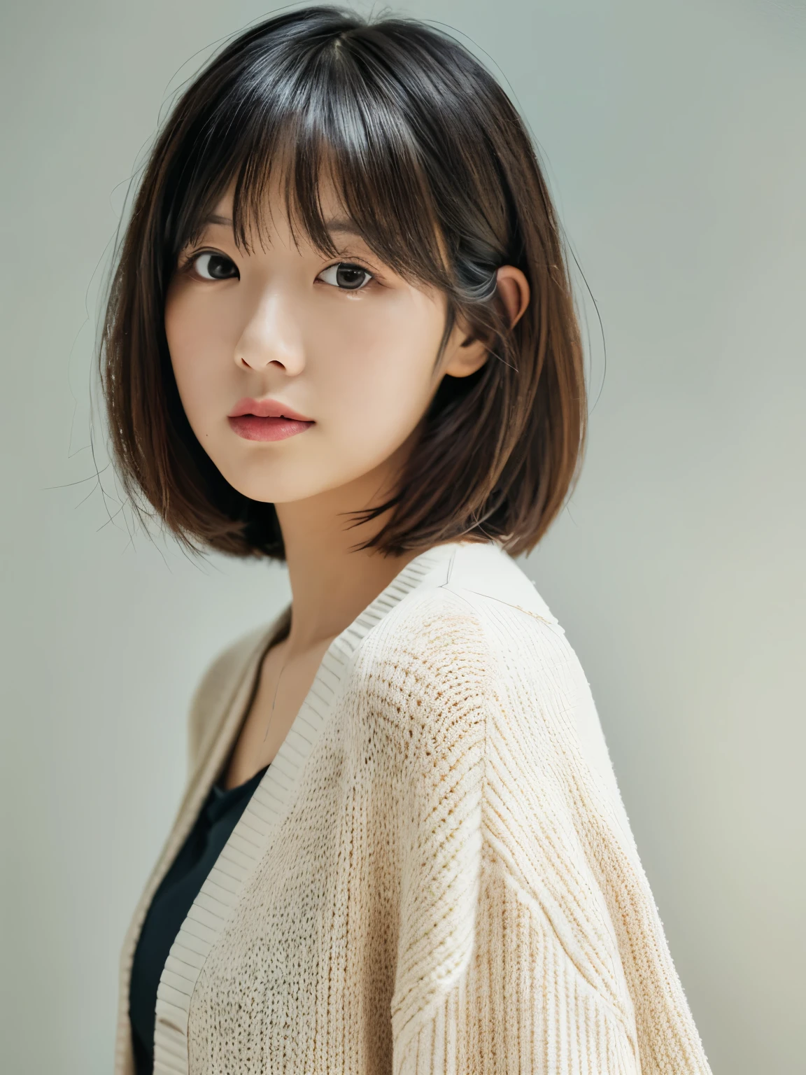 ((masutepiece,top-quality)), (photographrealistic:1.4),((masutepiece,8K)),hight resolution,Studio Soft Light, Rim Lights, vibrant detail, realistic skin textures,Japanese, 1 beautiful woman, Short hair, Wave hair, faint thin bangs, make - up, 38 years, Detailed skin, cardigan, wide-leg pants, White background, White Room,white walls, fully body photo, Looking at Viewer