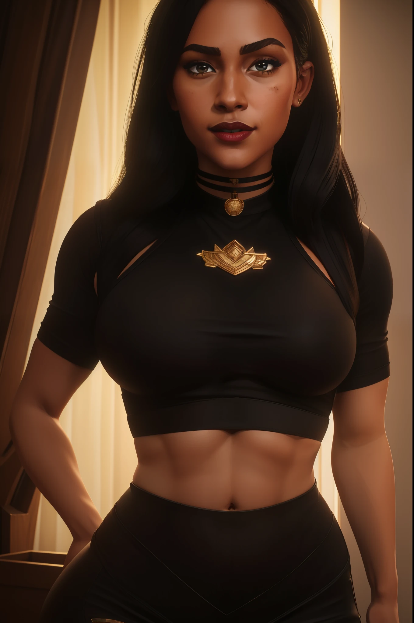 (best quality,4k,highres,masterpiece:1.2),ultra-detailed,realistic,portrait,beautifully detailed eyes,beautiful detailed lips,long hair flowing,gorgeous black hair,lovely smile,striking red lipstick,charming face,black crop top,low-cut neckline,chubby woman with an hourglass figure,ample bosom,muscular body,confident pose,vivid colors,warm lighting, massive perfect breast muscular body,(((natural perfect breast))) perky breasts,,