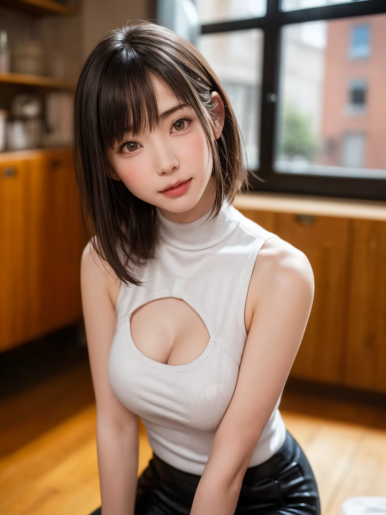 (masutepiece, top-quality、high-detail:1.4、Very attractive beauty、Add intense highlights to the eyes、Look firmly at the camera:1.4、A beautiful woman full of charm、Ideal ratio body proportions、Perfect Anatomy、Brunette Short Bob Hair、Lustrous hair、bangss:1.9、光沢のあるbangss:1.9、lipgloss),1girl in, report, Light brown shiny hair, muffler,realisitic, looking at the viewers、Tilt your head slightly, Bright colored crystal light blue eyes, short shiny hair、 White turtleneck outfit with a hole in the center of the chest,Sexy white turtleneck knit sweater with a round hole in the middle of the chest、 s lips, lipgloss, The upper part of the body、big eye、Lashes、A little red in the face、Embarrassing)、((italian road in winter))、((short hair with big eyes、Put very strong highlights in your students、{Gigantic|Big|Huge|Mega} breasts:1.4、very Bigger breasts、gazing at viewer、Very beautiful beauty、Put your ears out、long neck、little smiling、Beautiful teeth、Open your mouth and smile、Heart-shaped pupil))、28 year old、Very cute supermodel、