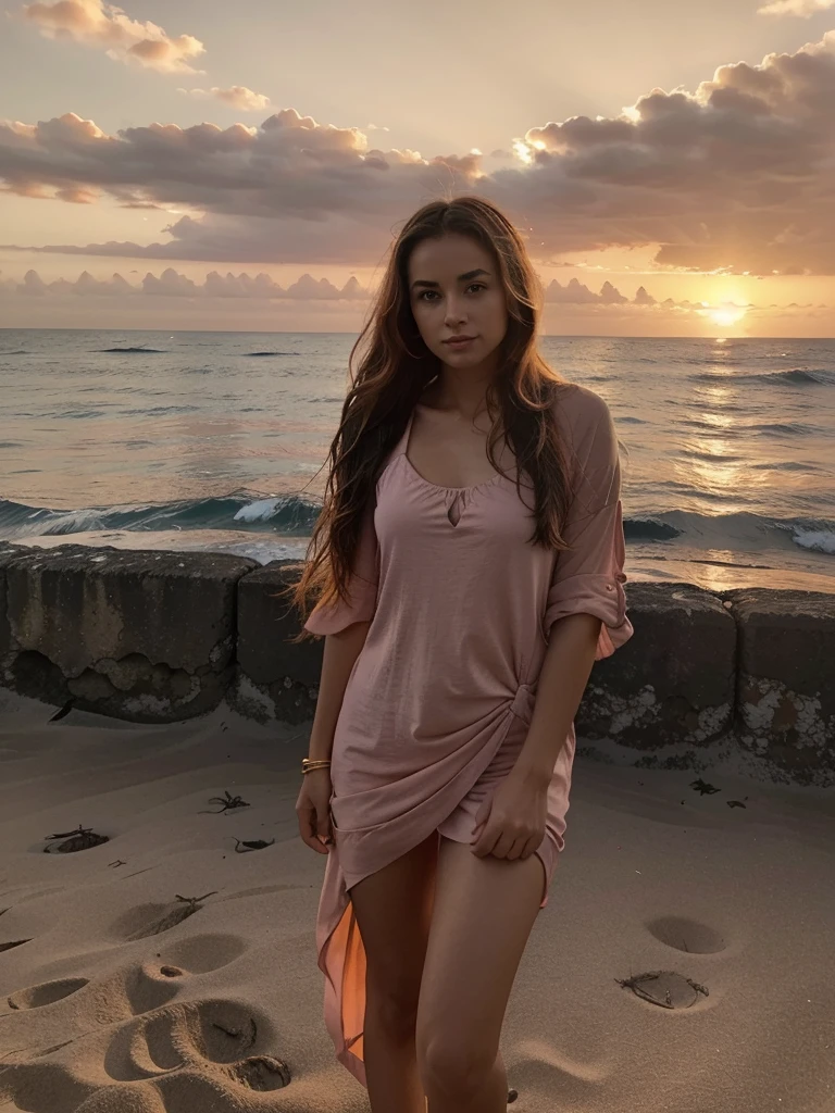 Chuca, 25, on the beach in a short day dress