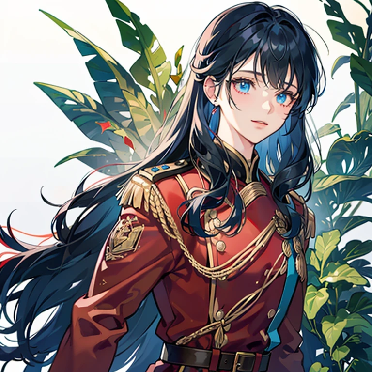 A girl with long black hair wearing a red military uniform,Blue inner color for hair,,Has bangs,Eyes are blue,Glowing blue eyes,Red military uniform with green sash,a cool,A slight smil