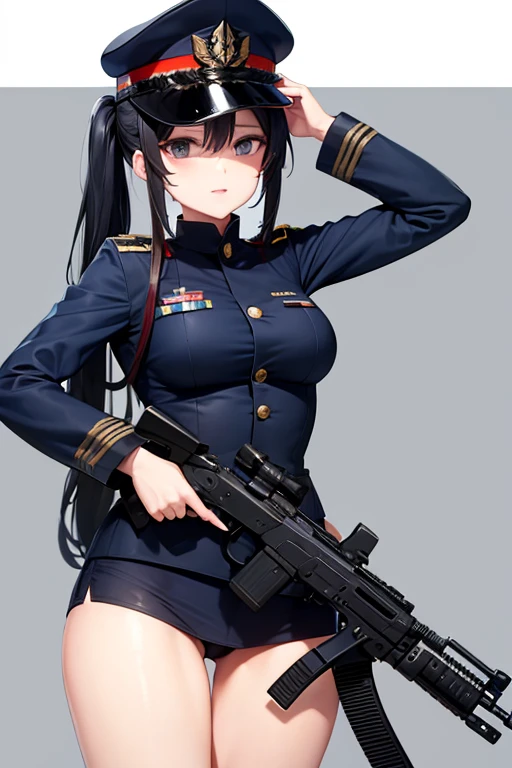 Dark Blue Military Uniform, Long Black Hair, Breast, Military Cap, Ponytail, Bikini, Gun