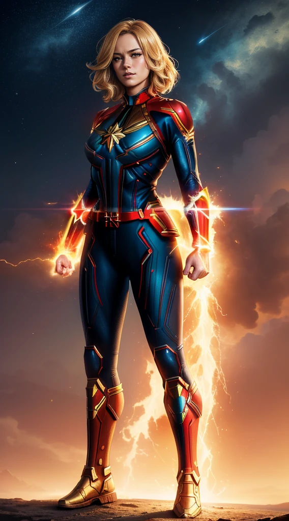 (Best Quality, masterpiece, ultra-detailer, 32K resolution, extremely detailed), Digital Painting, Abstract expressionist painting "Hyperion", character concept art portrait, Captain Marvel, full body, gigantic breasts, catastrophe,