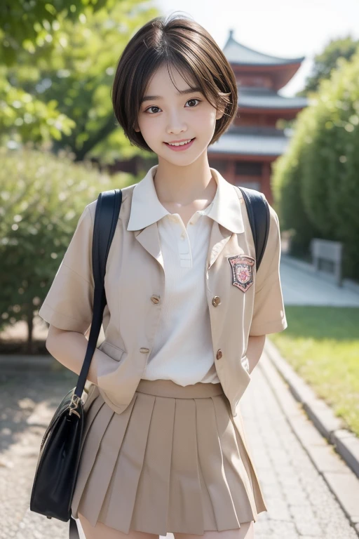 (((masterpiece))), (One beautiful Japan girl, Pure and innocent,kawaii) ,超A high resolution, Realistic, ultra-detailliert, 8K,top-quality, Extremely detailed, A slender,very beautiful japanese girl, Detailed face:1.3), (Boyish short-haired,A dark-haired :1.4), (a baby face,kawaii系,adorable 14 year old girls), (Perfect body:1.1), (Brown blazer, Brown pleated mini skirt),Show your beautiful teeth,gently smiling, Super Detailed Face、Detailed lips、A detailed eye、small gravure idol,Transparent skin,Lori,Japanese high school uniform with the school emblem on the chest,Carrying a backpack