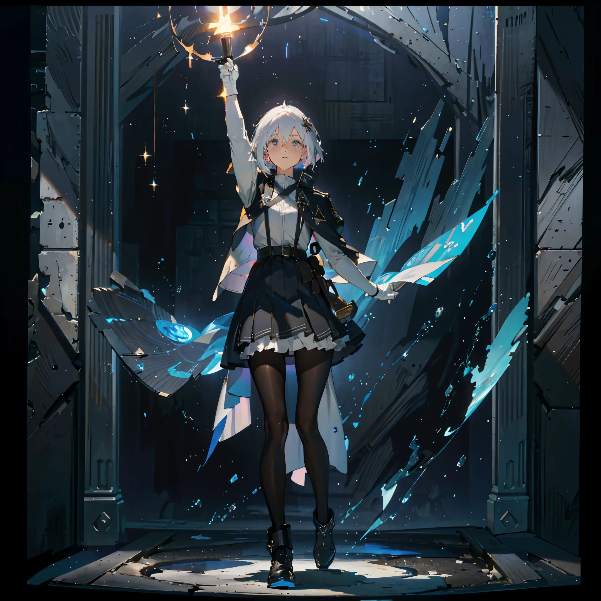 1 Girl, Solo , Alone, A Single Person, Face Close Up, High Detailed Facial, Detail Face, Big Chest, Violet Eyes, , Hair accessories, White Bob Hair, Short Hair, Silver Hair, Bang, hair between eyes, military uniform, black dress, cape, White gloves, pantyhose, high heel boots, Explosion, Salute Pose, Standing, In the Sky, Blue Sky, ((Best quality)), ((masterpiece)), 3D, HDR (High Dynamic Range),Ray Tracing, NVIDIA RTX, Super-Resolution, Unreal 5,Subsurface scattering, PBR Texturing, Post-processing, Anisotropic Filtering, Depth-of-field, Maximum clarity and sharpness, Multi-layered textures, Albedo and Specular maps, Surface shading, Accurate simulation of light-material interaction, Perfect proportions, Octane Render, Two-tone lighting, Wide aperture, Low ISO, White balance, Rule of thirds,8K RAW, Aura, masterpiece, best quality, Mysterious expression, magical effects like sparkles or energy, flowing robes or enchanting attire, mechanic creatures or mystical background, rim lighting, side lighting, cinematic light, ultra high res, 8k uhd, film grain, best shadow, delicate, RAW, light particles, detailed skin texture, detailed cloth texture, beautiful face, (masterpiece)