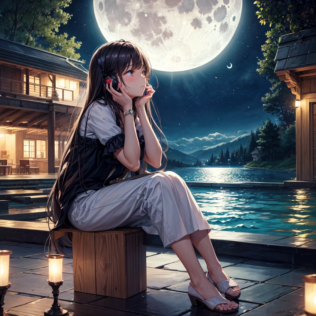 girl sitting alone at night under moon, crying, long hair, listening music