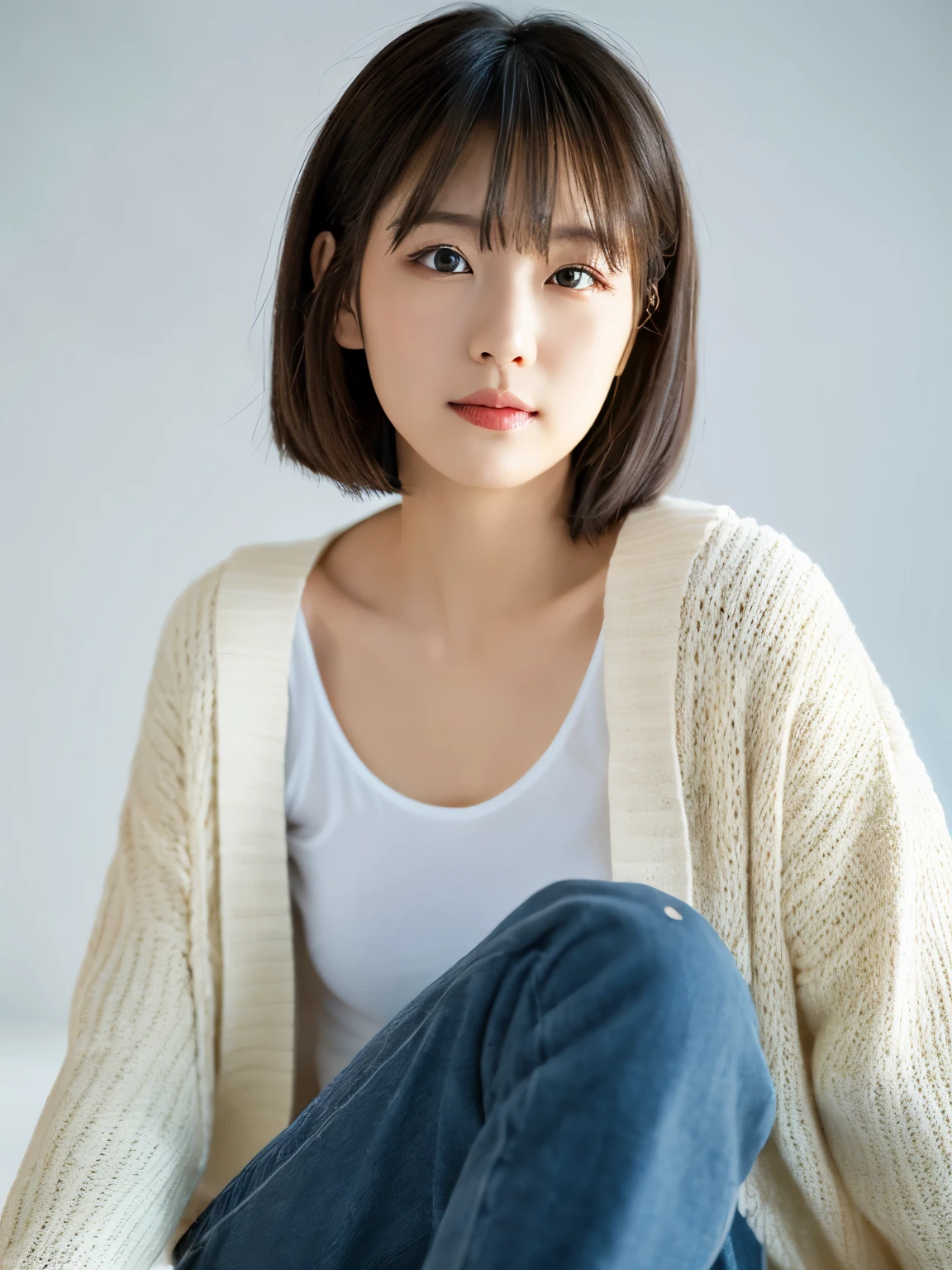 ((masutepiece,top-quality)), (photographrealistic:1.4),((masutepiece,8K)),hight resolution,Studio Soft Light, Rim Lights, vibrant detail, realistic skin textures,Japanese, 1 beautiful woman, Short hair, Wave hair, faint thin bangs, make - up, 38 years, Detailed skin, cardigan, wide-leg pants, White background, White Room,white walls, fully body photo, Looking at Viewer