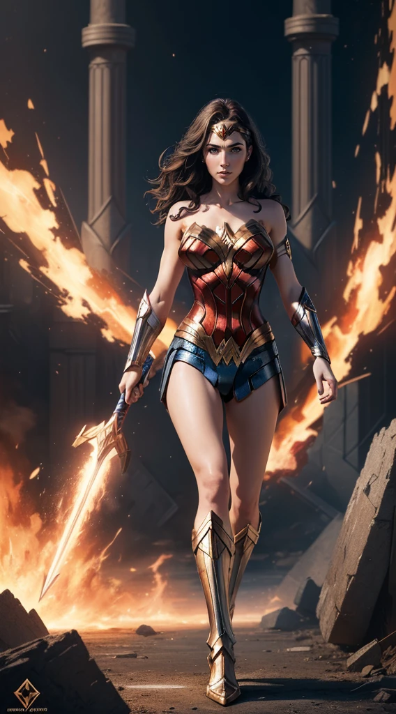 (Best Quality, masterpiece, ultra-detailer, 32K resolution, extremely detailed), Digital Painting, Abstract expressionist painting "Hyperion", character concept art portrait, Wonder Woman, full body, gigantic breasts, catastrophe,