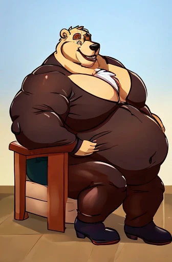 male bear, fat, obese, tight suit, in a chair, big pec, male