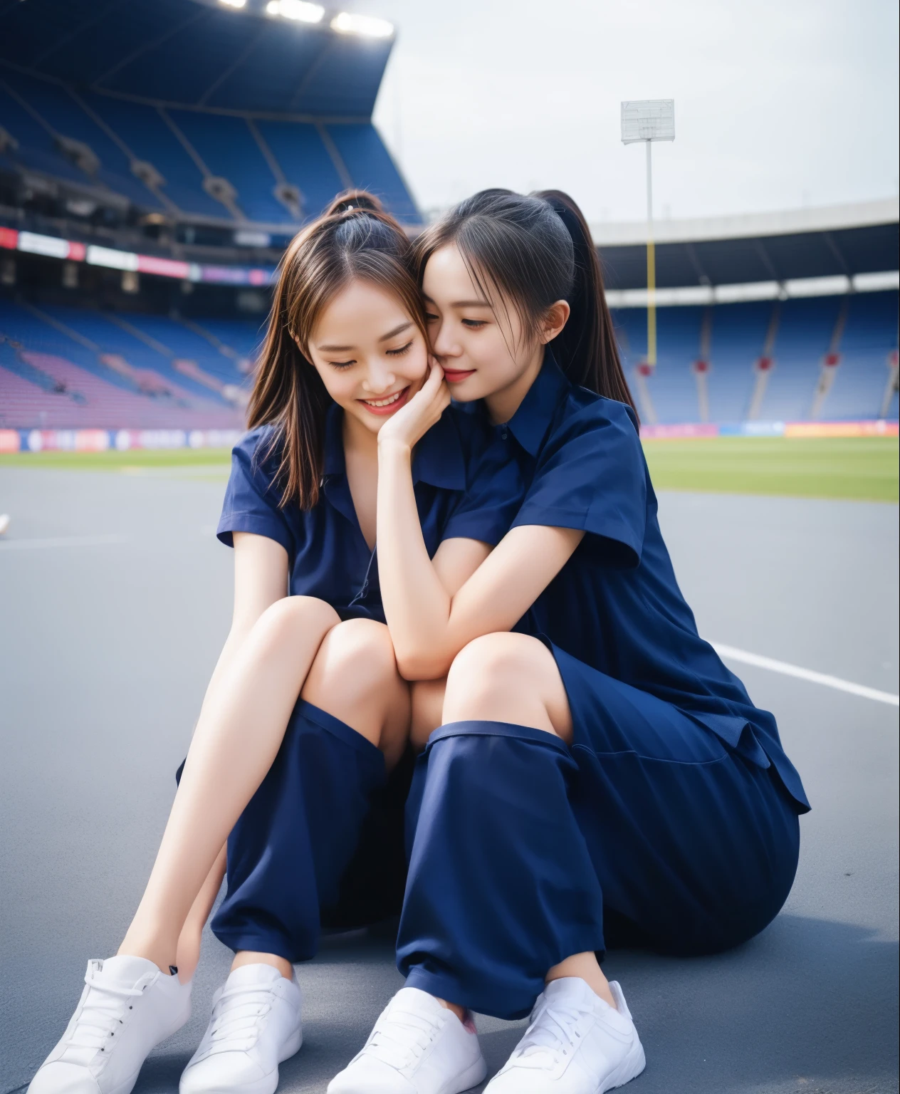 (bestquality,10,10,highres,masterpiece:1.2),ultra-detail,(Realistic,ภาพRealistic,photo-realistic:1.37),1 Cute girl in the football field,oily shiny skin,bara,light smile,BDclothelue shirt:1.3)),short sleeves,shirt, trousers.,(navy_long_ติดตามtrousers:1.1), ((Stadium Background:1.3)),dynamic angle,excited,face focus,Dynamic Poses,from behide,Ass Focus,masterpiece, bestquality, ultra realistic, hyper-detail, 8k resolution, RAW photo, crisp focus, ((Navy blue shirt:1.1)), short sleeves, เส้นทางlong, Complete bodyแบบ, 2 mature women, 18yo, cinematic light,trousersวอร์มสีน้ําเงิน,Gymware,Correct anatomy,Complete body, Correct body, sharp face, Correct bodyทางกายวิภาค, full entire body, Realistic gestures, long-haired, Realistic poses,Wear long shorts...........................................,ช่วงขาlong,Shapely,Sculpting Girl, Slender Figure, mannequin mannequins, Shapely, Beautiful body,trousersวอร์มสีน้ําเงิน, Two girls kissing