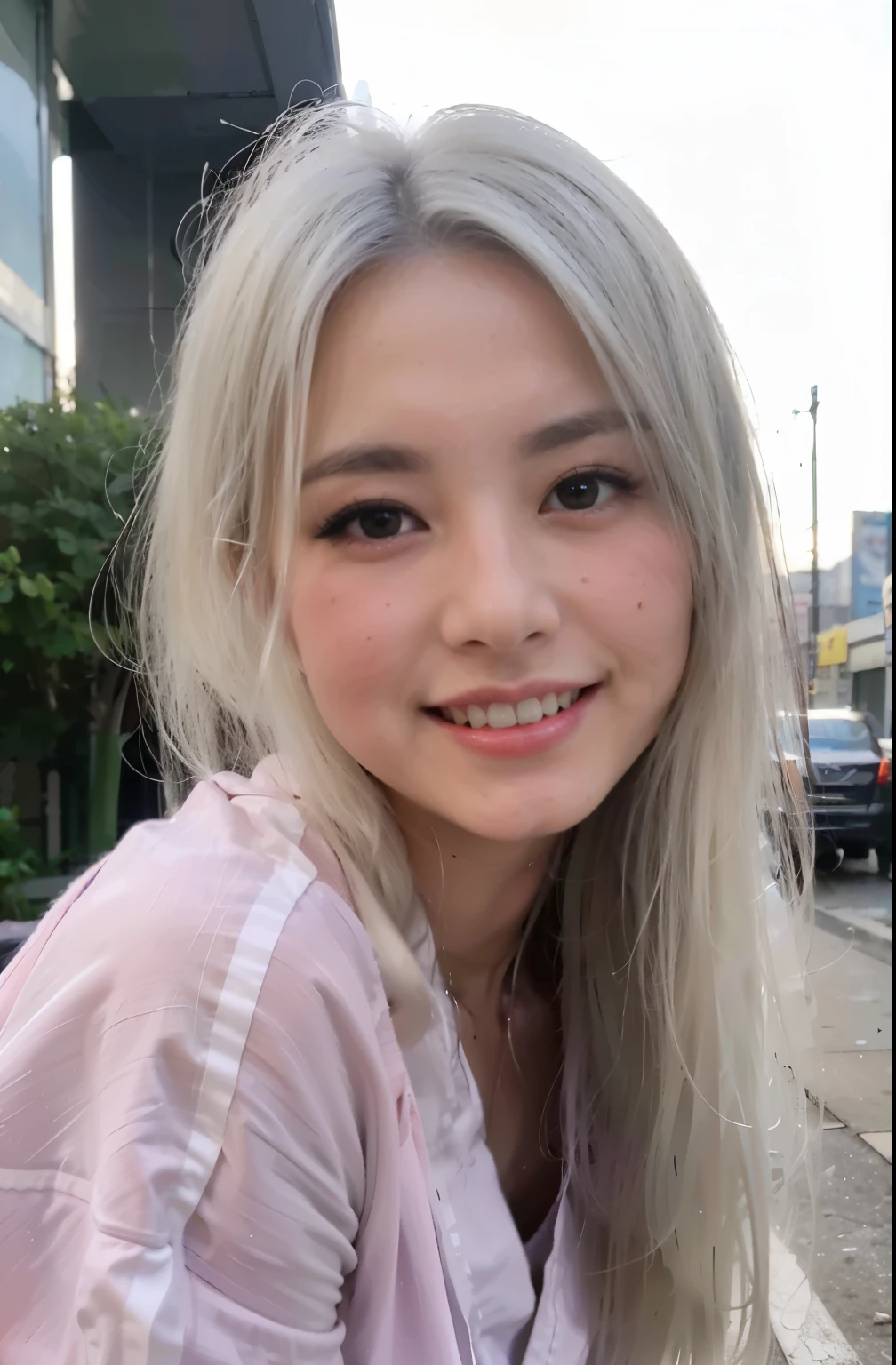(8k, RAW photo, best quality, mastery:1.3), (realistic, photo-realistic:1.37), (looking viewer:1.331), (white hair), posing, Tokyo street, nightcityscape, cyberpunk city, soft light, 1girl, extremely beautiful face , Perfect body proportions, (small face: 1.1), bust, casual hairstyle, smile, big eyes, (slip kimono), mix4, detailed eyes