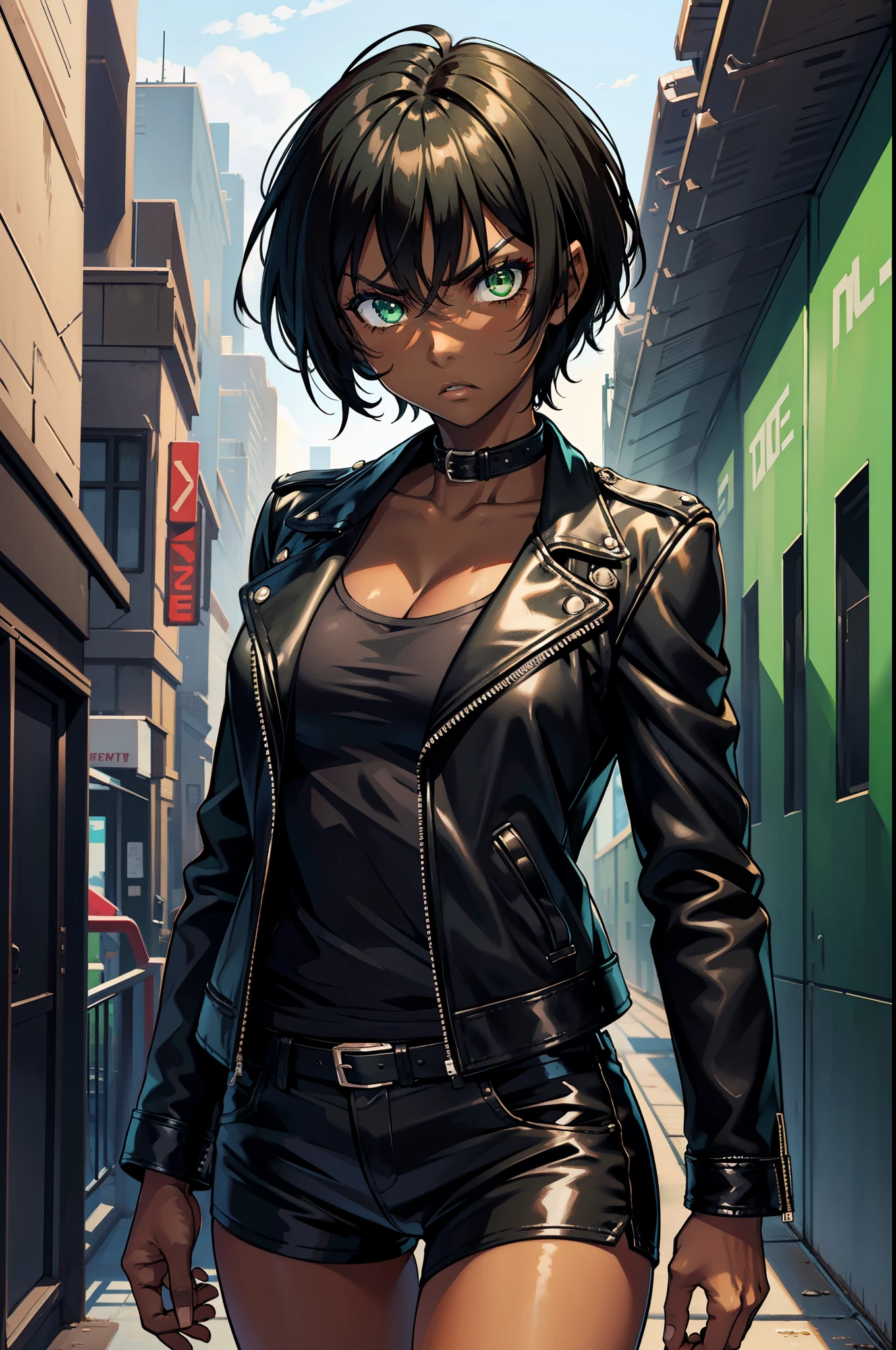 dark skin, angry, black leather jacket, green eyes, short black hair