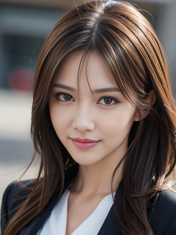 masutepiece, Best Quality, Photorealistic, Ultra-detailed, finely detail, High resolution, 8K Wallpaper, 1 beautiful woman,, light brown messy hair, in a business suit, foco nítido, Perfect dynamic composition, Beautiful detailed eyes, detailed hairs, Detailed realistic skin texture, Smiling, Close-up portrait, Model body type