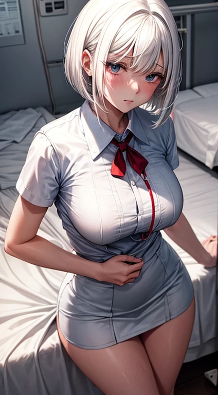 nsfw,ultra detailed,anime style,1 girl,short hair,1 boy,licking penis,white nurse uniform,(stare at viewer with stern eyes:1.5),(bitting own lip:1.1),(angry:0.9),nose blush,(shamefull:1.2), surprised,(ecstasy:1.3) ,(slut:1.2),(vulgarity:1.3),(fucked silly:1.1),(steam:1.1),(wet:0.8),(trembling:0.8),(tears:0.7) ,(drooling:0.6),(sweat:0.8)