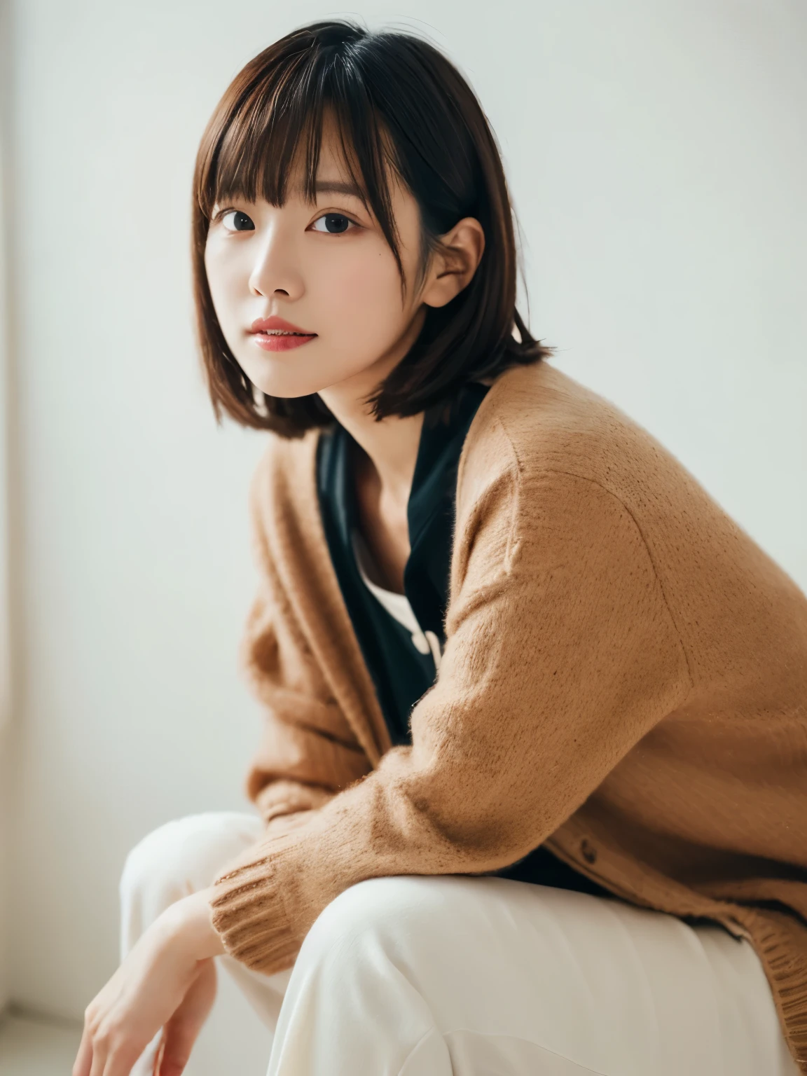 ((masutepiece,top-quality)), (photographrealistic:1.4),((masutepiece,8K)),hight resolution,Studio Soft Light, Rim Lights, vibrant detail, realistic skin textures,Japanese, 1 beautiful woman, Short hair, Wave hair, faint thin bangs, make - up, 38 years, Detailed skin, cardigan, wide-leg pants, White background, White Room,white walls, fully body photo, Looking at Viewer