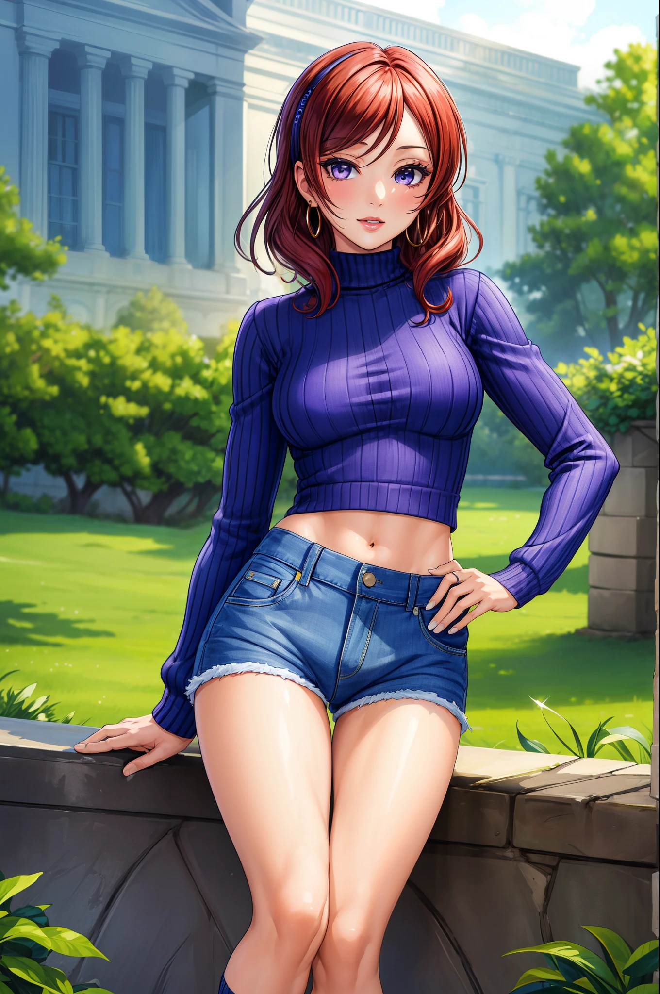 (Masterpiece, Best Quality, High Quality:1.4), professional artwork, well drawn, Intricate Details, field of view,
Nishikino maki, race background, afternoon,
Red hair, lipstick, makeup, ultra detail hair, ultra detail face, perfect eyes, perfect face, earring, purple eyes, Looking at Viewer, flirting, one hand on hip,
Tight short denim shorts, crop jacket, tight sweater, long socks.