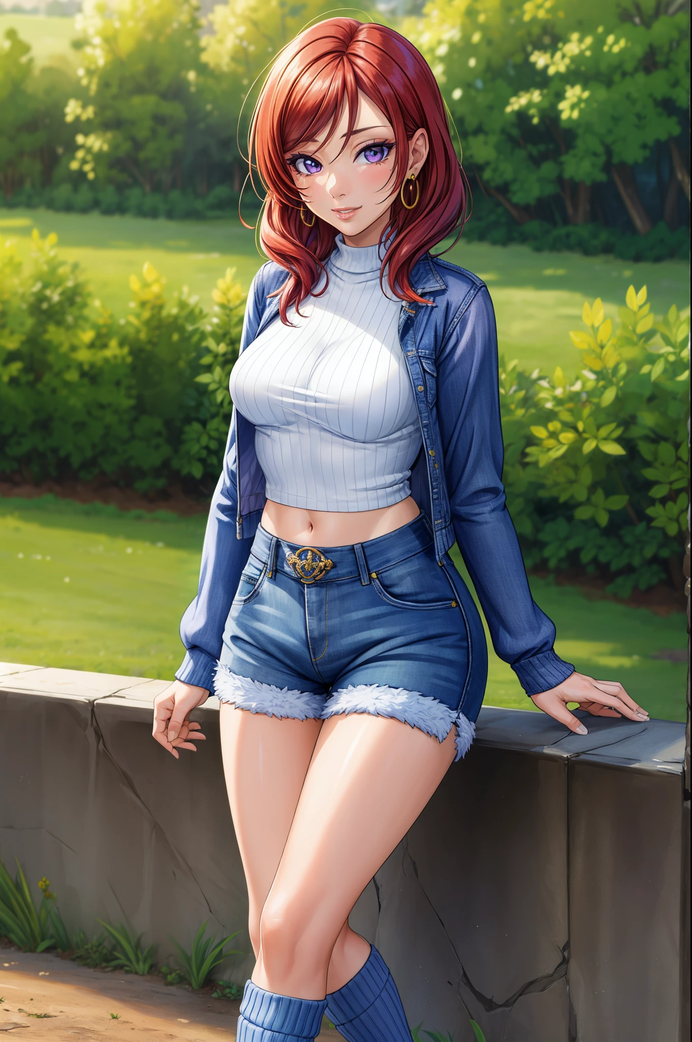 (Masterpiece, Best Quality, High Quality:1.4), professional artwork, well drawn, Intricate Details, field of view,
Nishikino maki, race background, afternoon, 
Red hair, lipstick, makeup, ultra detail hair, ultra detail face, perfect eyes, perfect face, earring, purple eyes, Looking at Viewer, flirting, one hand on hip,
Tight short denim shorts, crop jacket, tight sweater, long socks.