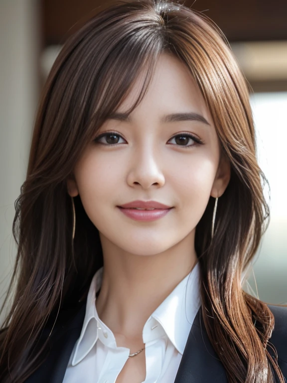 masutepiece, Best Quality, Photorealistic, Ultra-detailed, finely detail, High resolution, 8K Wallpaper, 1 beautiful woman,, light brown messy hair, in a business suit, foco nítido, Perfect dynamic composition, Beautiful detailed eyes, detailed hairs, Detailed realistic skin texture, Smiling, Close-up portrait, Model body type