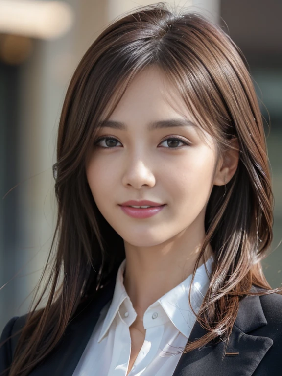 masutepiece, Best Quality, Photorealistic, Ultra-detailed, finely detail, High resolution, 8K Wallpaper, 1 beautiful woman,, light brown messy hair, in a business suit, foco nítido, Perfect dynamic composition, Beautiful detailed eyes, detailed hairs, Detailed realistic skin texture, Smiling, Close-up portrait, Model body type