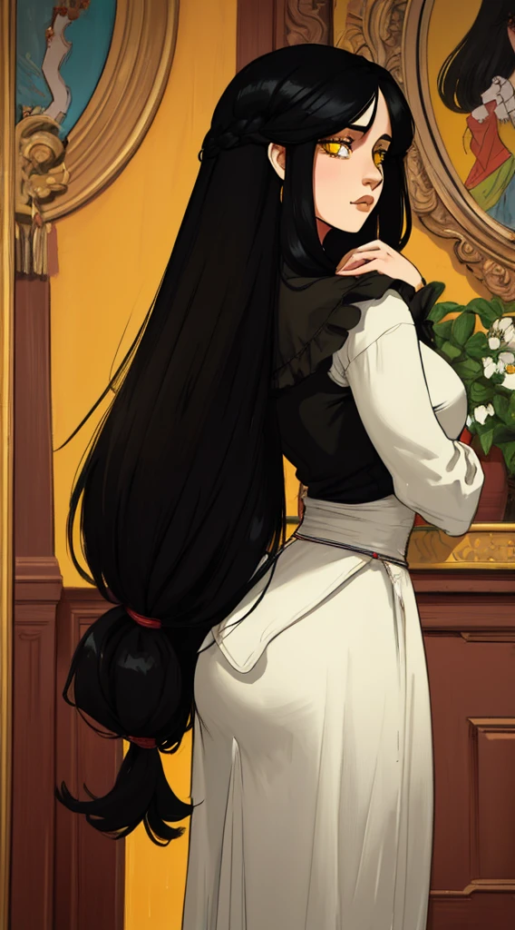 oil painting, flat colors only, hard brush rendering only, 1girl, yellow eyes, fit latina, very long black hair, solo, 1910s minidresrom below, from side, from back, dutch angle)