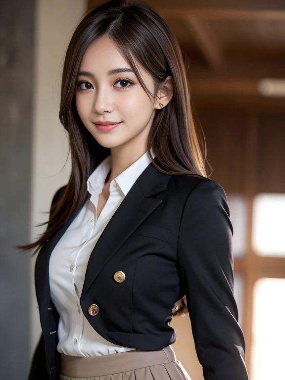 masutepiece, Best Quality, Photorealistic, Ultra-detailed, finely detail, High resolution, 8K Wallpaper, 1 beautiful woman,, light brown messy hair, a short skirt、in a business suit, foco nítido, Perfect dynamic composition, Beautiful detailed eyes, detailed hairs, Detailed realistic skin texture, Smiling, Close-up portrait, Model body type