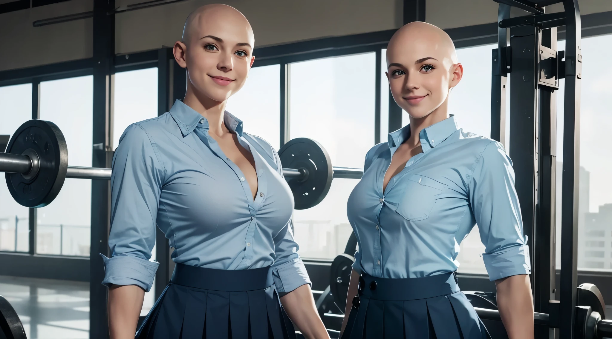 beautiful young white girl, bald, shaved head, smiling, muscular, strong, buff, busty, school uniform, ((light blue button down shirt)), open collar, unbuttoned, (((rolled sleeves))), cleavage, pockets, dark skirt, training, heavy lifting, gym, barbell