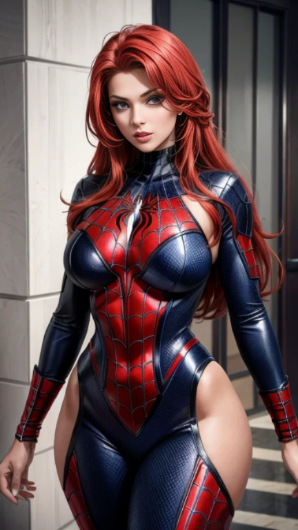 Linda mulher ruiva detalhou o corpo definido, usando o traje do homem aranha, Seios enormes, pose sensual