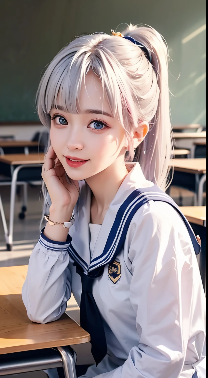 Best quality at best at best，tmasterpiece，Extremely Delicately Beautiful，The content is very detailed，CG，gatherings，8k wallpaper，An Astonishing，depth of fields，1 Chinese girl，very beautiful look，delicate skin，Flawless Face，plain face，white color hair，长长的white color hair，high ponytails，There are two strands of white hair on both sides of the ears，Wear pink hair accessories，Eye color is sky blue，Elaborate Eyes，sparkle in eyes，grin face, Put on a sailor suit、small tit、School classrooms、(Sitting at the table in the classroom)、  电影灯光, realistically, tmasterpiece, Best quality at best, Complex CG, The face is very detailed, High detail eyes