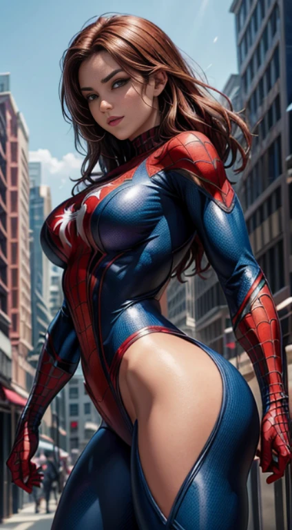 leve sorriso, a superhero dressed as Spider-Man, no mask on. a woman in a swimsuit-like Spider-Man costume, Showing ass to camera, Cabelo comprido vermelhos, seios enormes, Athletic body, Vibrant and dynamic style, with solid colors and defined contours. highlighting the heroine. No distortions or imperfections. Centralized composition, foco na personagem. 8K分辨率, dimensions of 2040x2040 pixels. 
Keep female representation strong and respectful, emphasizing her role as a superhero. Ensure a balanced and coherent aesthetic with the Spider-Man universe.