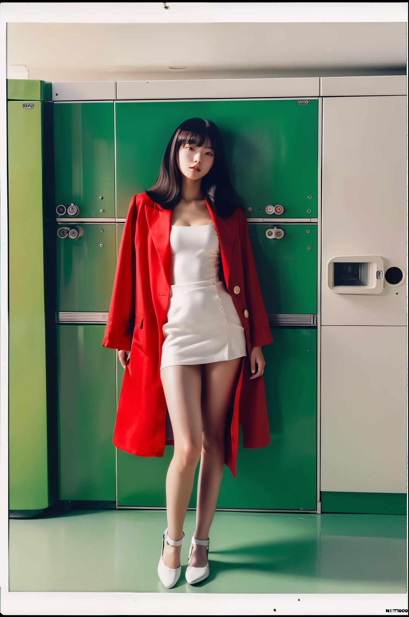 (full body:1.5)(portra 400:1.3)(instant film:1.3)( standing 1 woman in a retro vintage fashion:1.2)1 woman, Korean idols, japanese beauty, high quality, (detailed face:1.5) best quality, 8k,afterdark, twilight.