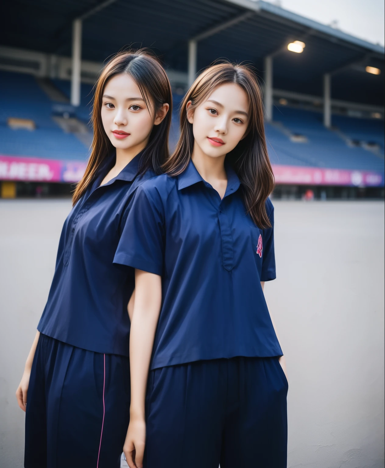 (bestquality,10,10,highres,masterpiece:1.2),ultra-detail,(Realistic,ภาพRealistic,photo-realistic:1.37),1 Cute girl in the football field,oily shiny skin,bara,light smile,BDclothelue shirt:1.3)),short sleeves,shirt, trousers.,(navy_long_ติดตามtrousers:1.1), ((Stadium Background:1.3)),dynamic angle,excited,face focus,Dynamic Poses,from behide,Ass Focus,masterpiece, bestquality, ultra realistic, hyper-detail, 8k resolution, RAW photo, crisp focus, ((Navy blue shirt:1.1)), short sleeves, เส้นทางlong, Complete bodyแบบ, 2 mature women, 18yo, cinematic light,trousersวอร์มสีน้ําเงิน,Gymware,Correct anatomy,Complete body, Correct body, sharp face, Correct bodyทางกายวิภาค, full entire body, Realistic gestures, long-haired, Realistic poses,Wear long shorts...........................................,ช่วงขาlong,Shapely,Sculpting Girl, Slender Figure, mannequin mannequins, Shapely, Beautiful body,trousersวอร์มสีน้ําเงิน, Two girls kissing