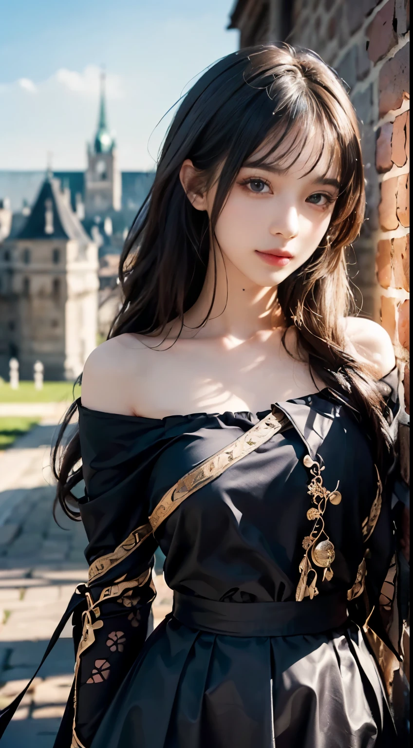 (A hyper-realistic)、(illustratio)、(hight resolution)、(8K)、(ighly detailed)、(best illustratio ration)、(beautifully detailed eyes)、(top-quality)、(ultra-detailliert)、(masterpiece)、(wall-)、(A detailed face)、独奏、1 girl in、looking at viewert、fine detailed、A detailed face、in the darkness nigth、deep-shadows、lowkey、pureerosfaceace_v1、A smile、long、Black shawl straight hair、46-point diagonal bangs, (silk dresses、long skirt)(off shoulders)View of the castle、、Stand against the wall,Face straight ahead,super lady、elegant behavior,