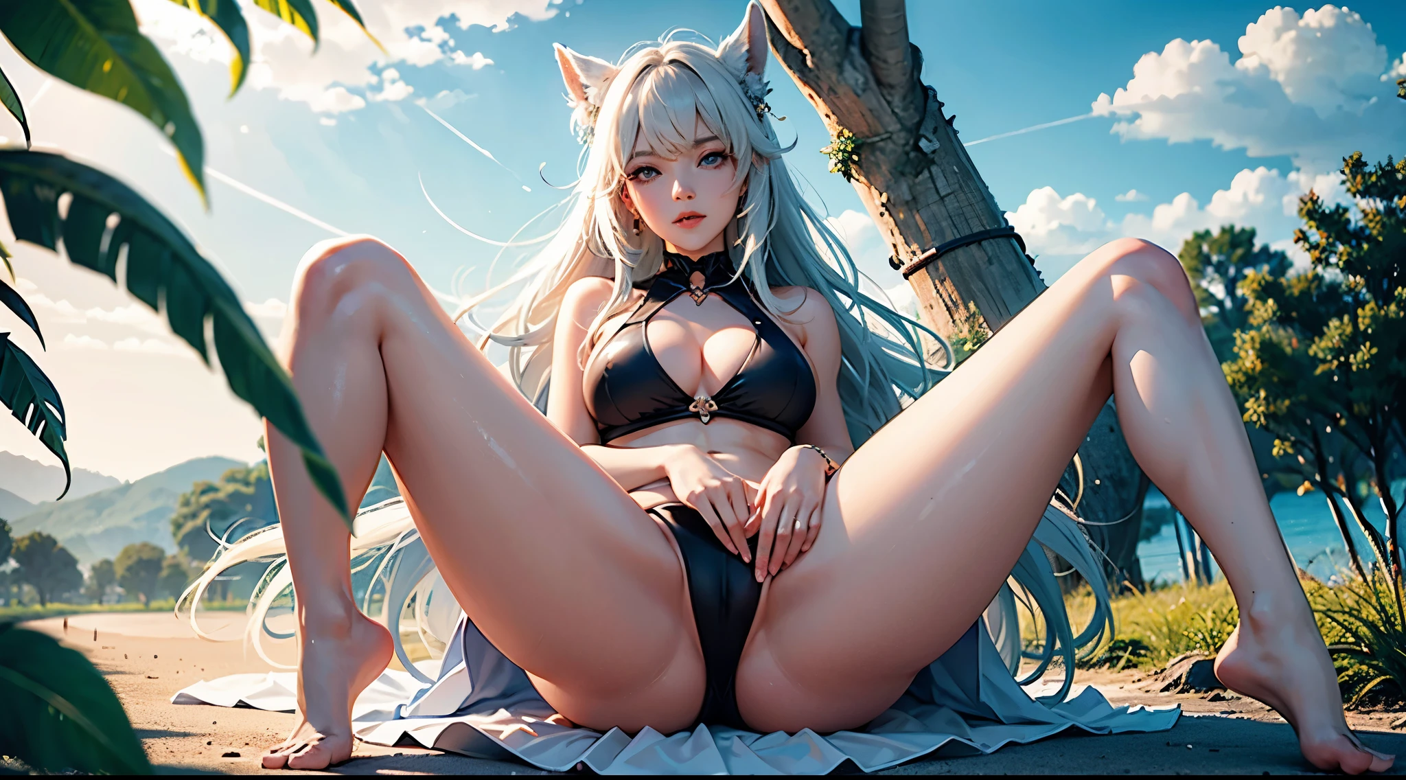 Best quality at best,A high resolution,nabel,比基尼,hand on her own chest,The halo,full bodyesbian,wide blue eyes,Raised sexy,8K,,Beth,By the beach,lacepantyhose,with her mouth open,Open your legs,cute big breasts鼻子,cute big breasts,The mouth is relatively large,The legs are relatively long,Big chest,The eyes are relatively large,long whitr hair,The eyeballs are relatively large,Eyes sparkle,Naked foot,The nose is relatively large,white color hair,No shoes,prette,bikini,at a forest,Long legs,cute big breasts脸,vagina,Collar,Ultimate texture,detail of light
