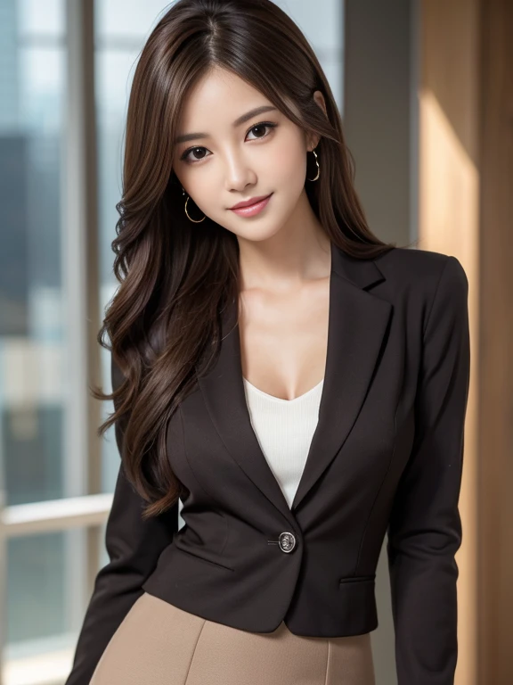 masutepiece, Best Quality, Photorealistic, Ultra-detailed, finely detail, High resolution, 8K Wallpaper, 1 beautiful woman,, light brown messy hair, ((a short skirt))、in a business suit, foco nítido, Perfect dynamic composition, Beautiful detailed eyes, detailed hairs, Detailed realistic skin texture, Smiling, Close-up portrait, Model body type