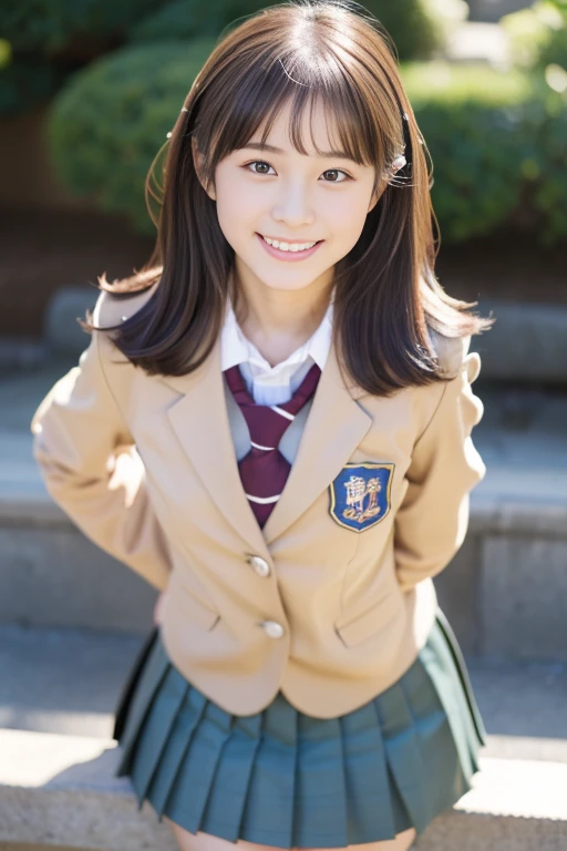 (((​masterpiece))),  (One beautiful Japan girl, classmates, Innocence，kawaii) ，超A high resolution, Realistic, ultra-detailliert, 8K,top-quality, Extremely detailed, Detailed background,A slender,very beautiful japanese girl, Detailed face:1.3), (Boyish short-haired，A dark-haired :1.4), (a baby face，kawaii系,adorable 14 year old girl), (Perfect body:1.1),  (Brown blazer, Light brown pleated mini skirt), The best smile,Please show me your beautiful teeth,Super Detailed Face、Detailed lips、A detailed eye、small gravure idol，Transparent skin、Lori，Japanese high school uniform with the school emblem on the chest，Carrying a backpack、Leaning forward，sexy  pose
