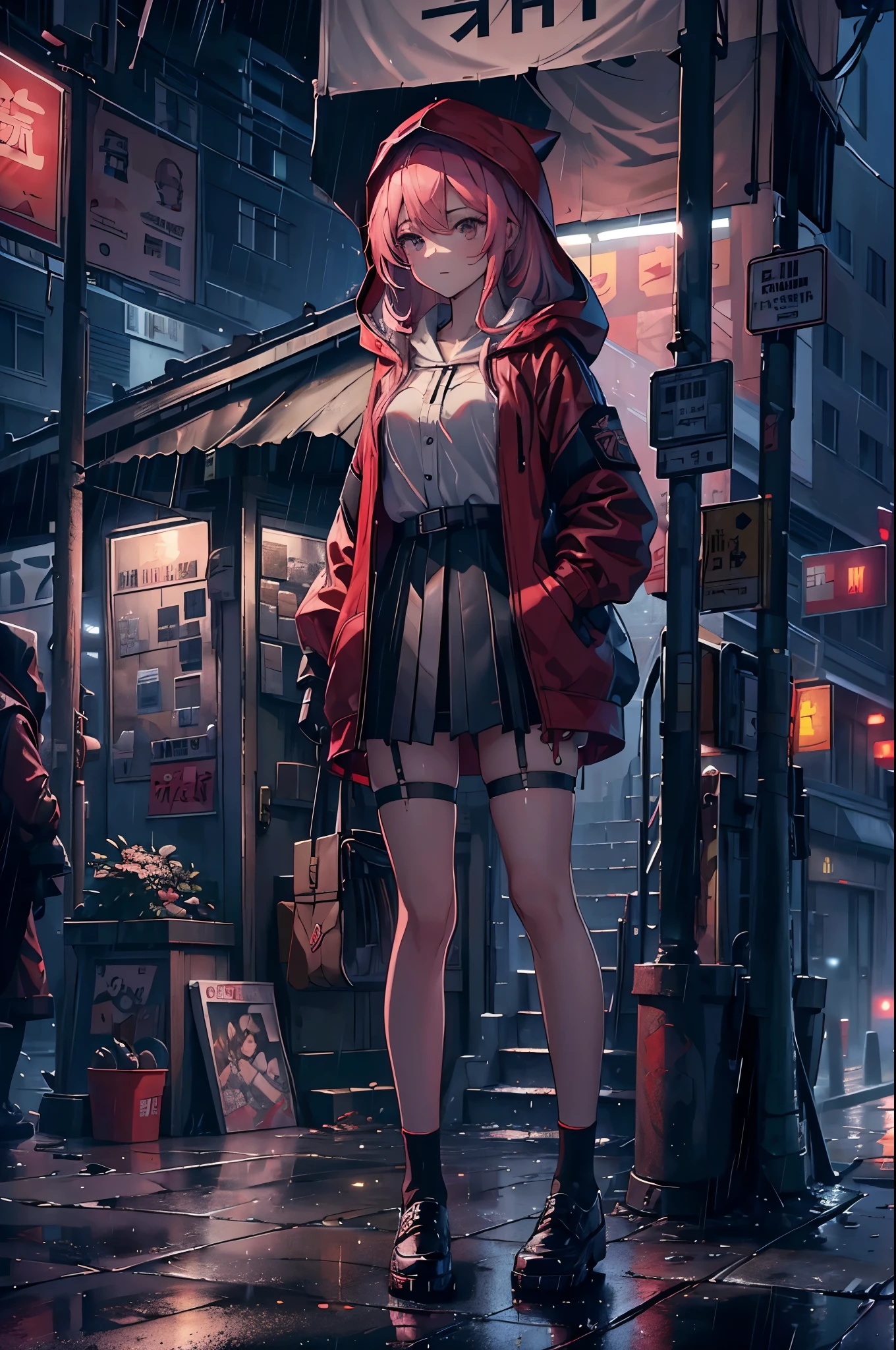 (8K,tmasterpiece,Best quality at best,hyper-detailing,realistically),Extremely detailed face,电影灯光,Ray traching,unlit hair, on a cloudy street,bright street,Corner store,stair station,Torrential rain and heavy rain,Girl with long pink hair and black eyes,ssmile,She is wearing a red hooded jacket,Put on a hood,White color blouse,Short black skirt and black garter belt,Martin shoes,Clothes soaked by rain,Black exposure,outdoor depth tent ,