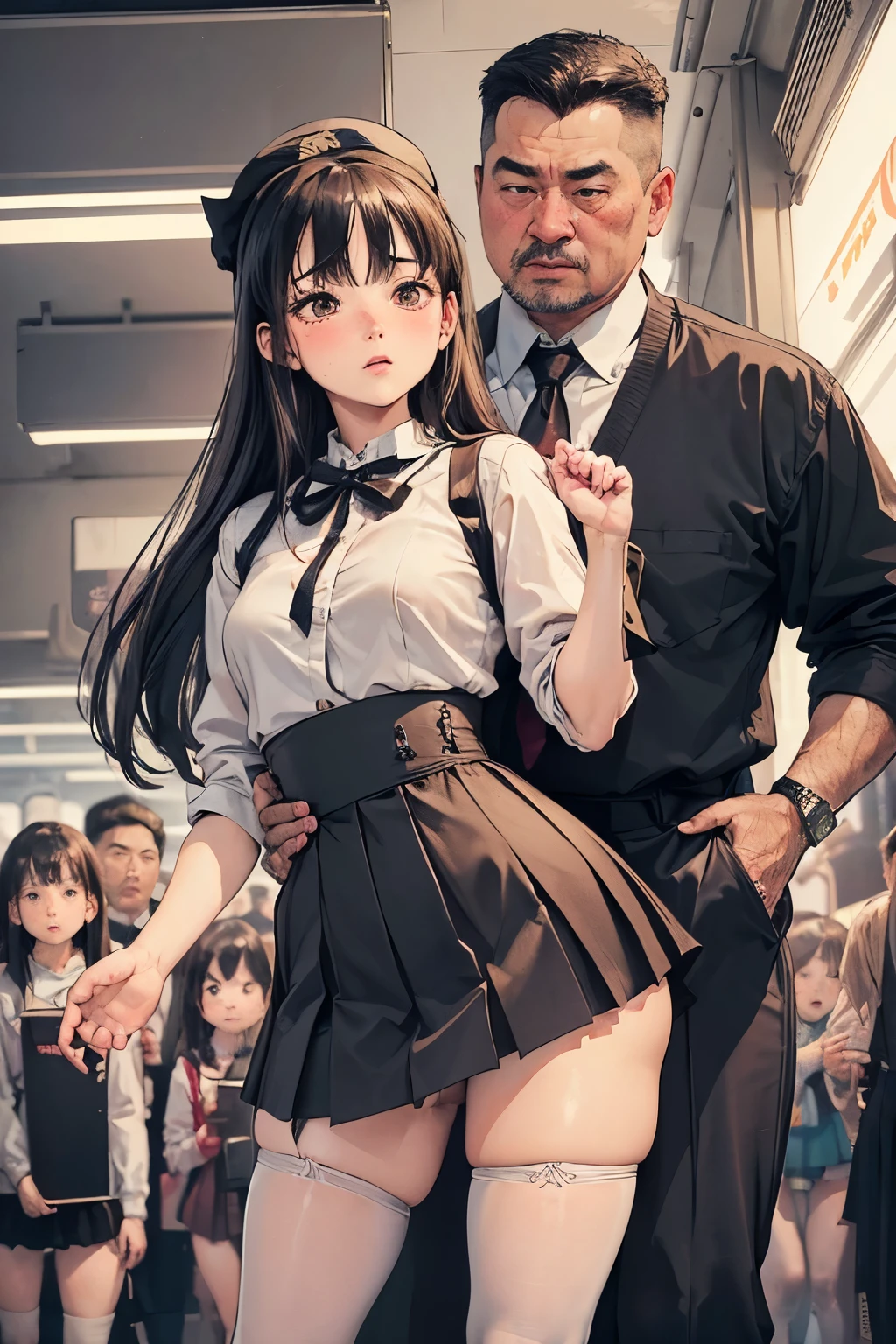 (SFW), ((photorealistic)), (masterpiece), (best quality:1.3), absurdness, [:intricate details1.3], SFW, realistic, masterpiece, (VERY crowded subway train interior detailed scenario, VERY crowded subway train interior detailed background), standing insanely hot (young ***** girl1) using sexy ((skirt)), ((behind skirt lifted)), ((3/4 white stockings, big ass)), ((thick thighs)), (fear expression), (blushed face), (perfect body proportions)), old small man ass groping young ***** girl 1 from behind, (((old small man pressing his chest on young woman 1 back))) and (((holding her waist behind her)))