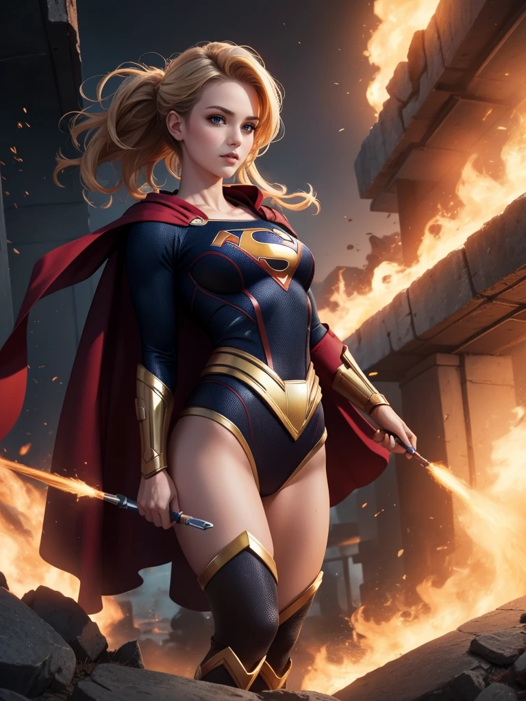 (Best Quality, masterpiece, ultra-detailer, 32K resolution, extremely detailed), Digital Painting, Abstract expressionist painting "Hyperion", character concept art portrait, Supergirl, Swayback stance, gigantic breasts, catastrophe,