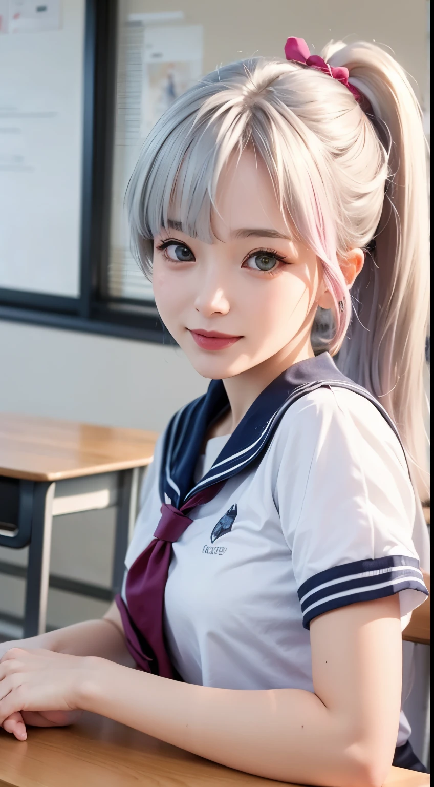 Best quality at best at best，tmasterpiece，Extremely Delicately Beautiful，The content is very detailed，CG，gatherings，8k wallpaper，An Astonishing，depth of fields，1 Chinese girl，very beautiful look，delicate skin，Flawless Face，plain face，white color hair，长长的white color hair，high ponytails，There are two strands of white hair on both sides of the ears，Wear pink hair accessories，Eye color is sky blue，Elaborate Eyes，sparkle in eyes，grin face, Put on a sailor suit、small tit、School classrooms、(On the desk in the classroom)、  电影灯光, realistically, tmasterpiece, Best quality at best, Complex CG, The face is very detailed, High detail eyeull bodyesbian锁定，full bodyesbian