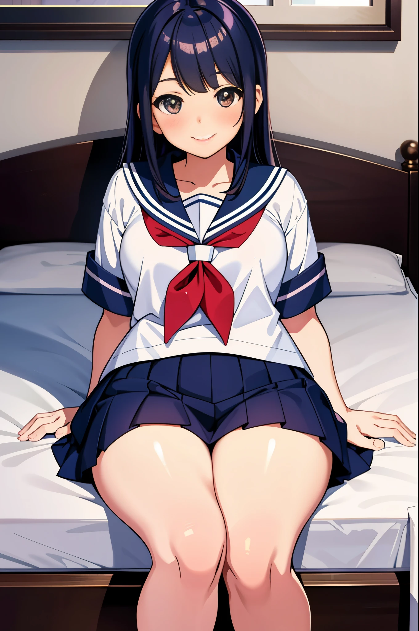 Great illustrations、Detailed illustrations、One Girl、Lying on your back、Raise your arms、Place your arms on the floor、Low pigtails with legs apart、Low Twintails、
Frightened face、Pussy、Pussyの毛、Flip-up skirt、No panties, looking at the camera、Navy blue sailor suit、Black Hair