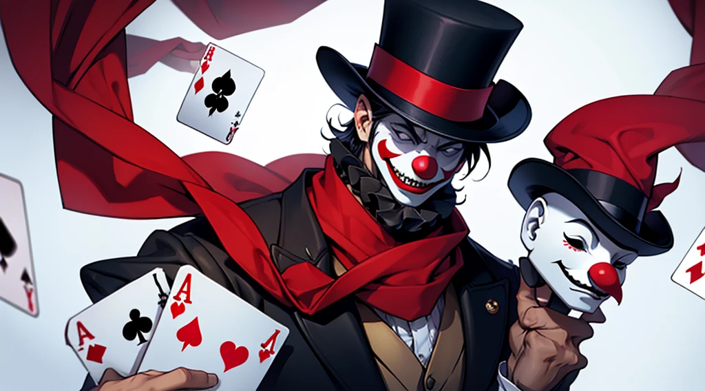 Man in top hat and clown mask and red scarf and holding playing cards